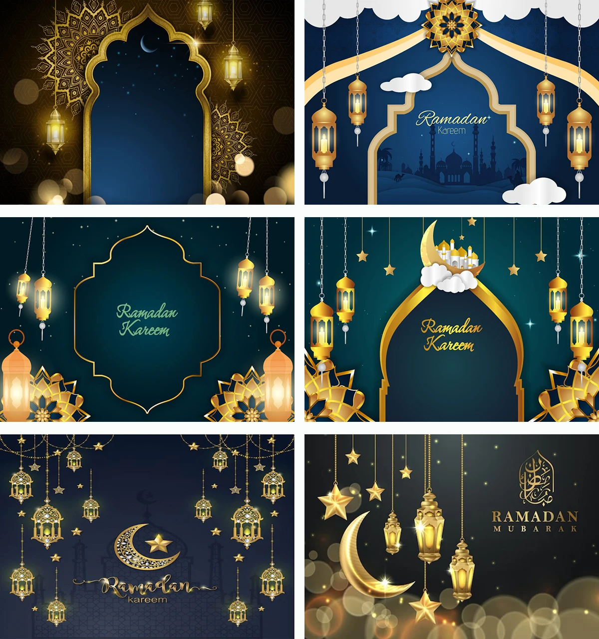 7x5ft Fabric Muslim Ramadan Kareem Backdrop Mosque Silhouette Golden Arch Moon Stars Lanterns Islamic Background Eid Mubarak