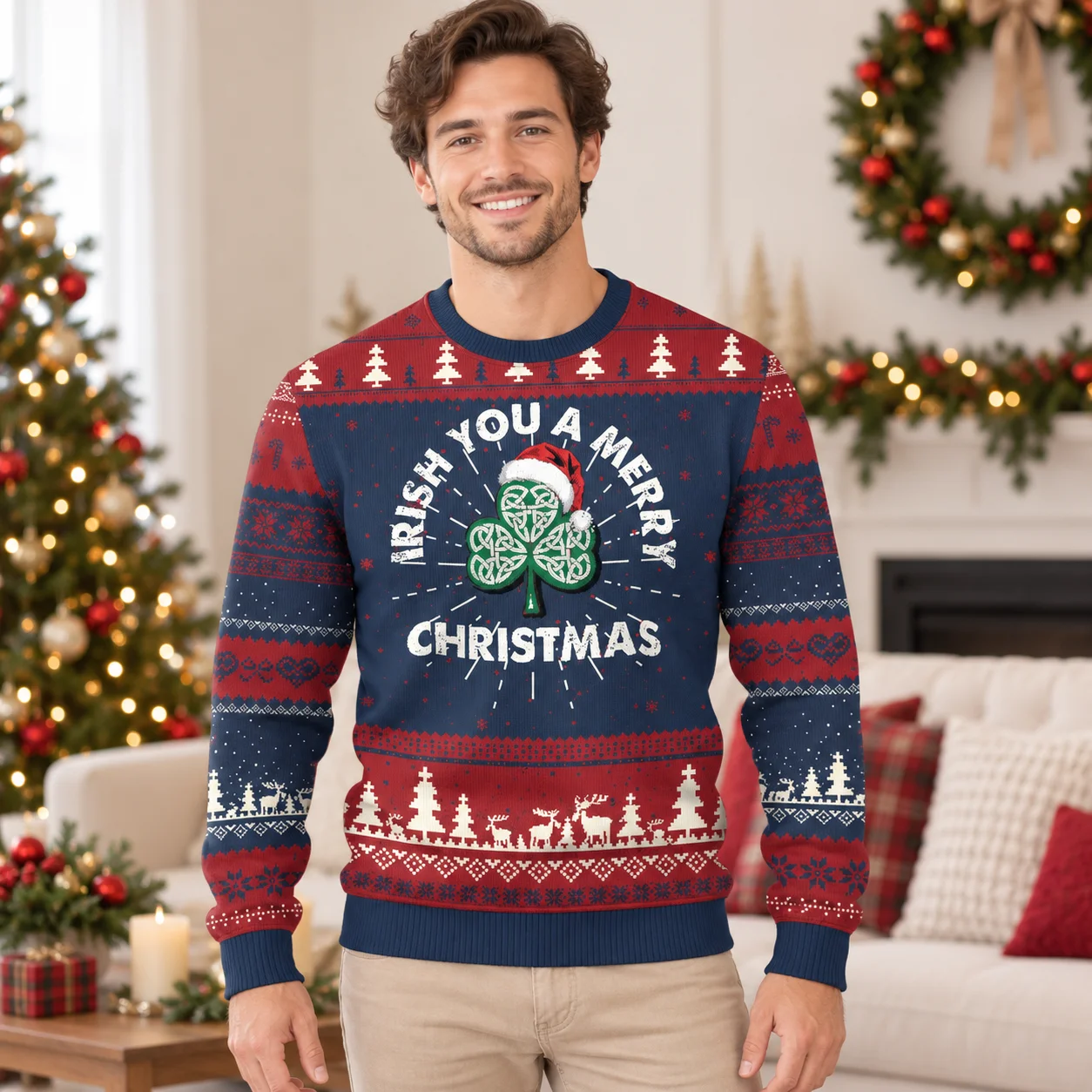 New Irish Shamrock Ugly Christmas Sweater Celtic Inspired Holiday Prints on Crewneck Sweaters for Men Women and Festive Outfits