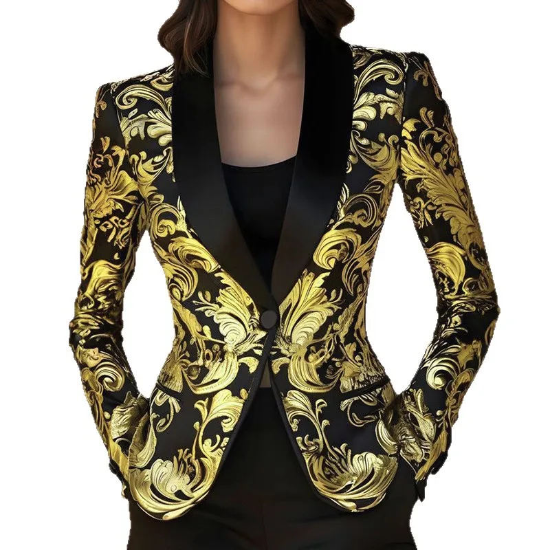 

2026 New Printed Long Sleeve Professional Temperament Blazer Jacket Women Top Elegant Fashion Design Yellow