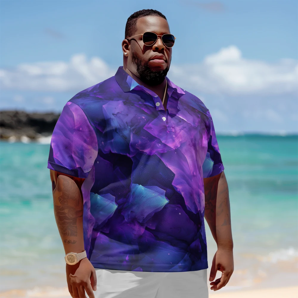 

Plus Size Men's Summer Short Sleeve LapelPurple block print t-shirt Daily Casual Button Polo
