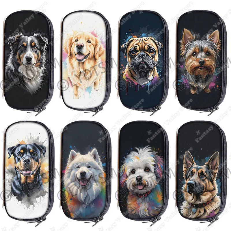Watercolor Painting Dog Pattern Cosmetic Case Cartoon German Shepherd Shih Tzu Pug Dog Pencil Box Pen Bag Brushes Holder