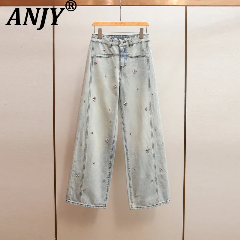 ANJY Spring Autumn New Women High-End Versatile Heavy Diamond Design A-Line Jeans Trendy Fashion Ins Wide Leg Denim Pants A20595