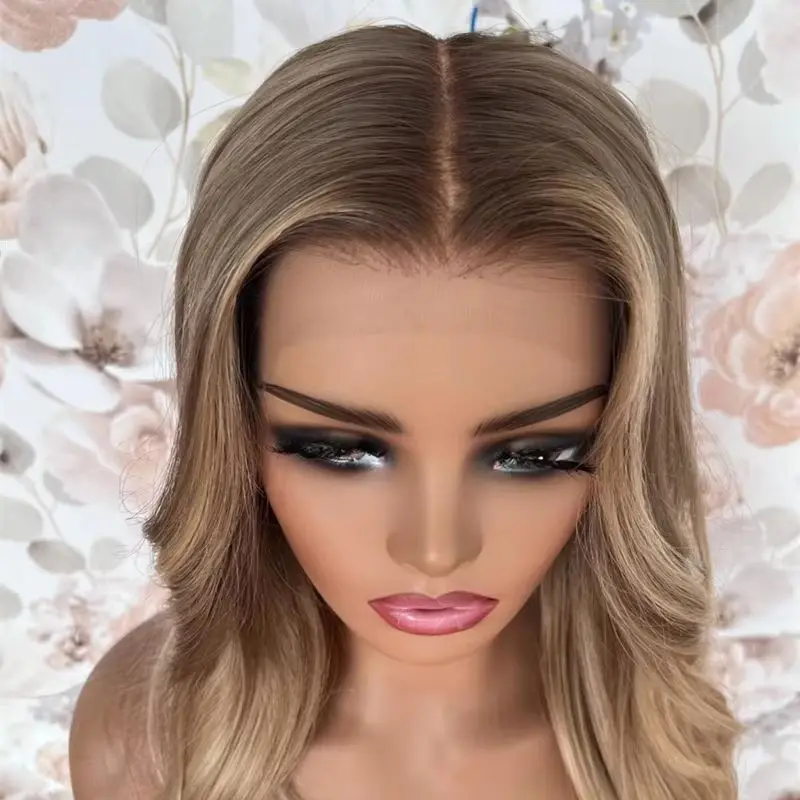 

Middle Part Women's Wig Ombre Creamy Blonde Synthetic Lace Front Wig Natural Wave Wig with Preplucked Realistic Hairline Wig