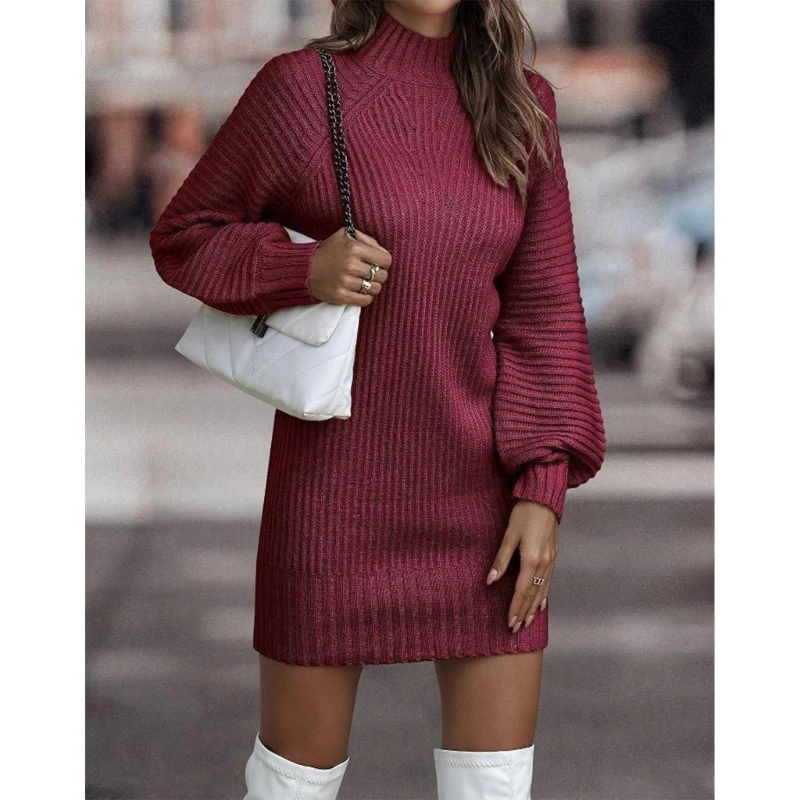 

Women Casual Mock Neck Knit Bodycon Mini Sweater Dresses Long Sleeve Solid Color Ribbed Hem Pullover Jumper Dropshipping