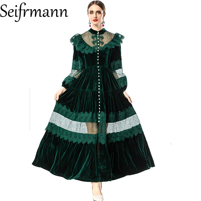 Seifrmann 2026 Wiosenna Nowa Kolekcja Damska Modna Sukienka z Kołnierzykiem Stójką, Długim Rękawem, Aksamitu, Koronkowymi Ramiączkami i Podkreśloną Talią