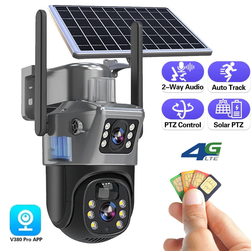 4G SIM Outdoor Camera 8MP WiFi with Solar Panel 7W V380 Double Lens AI Auto Tracking CCTV Security Protection Wireless 12000mAh