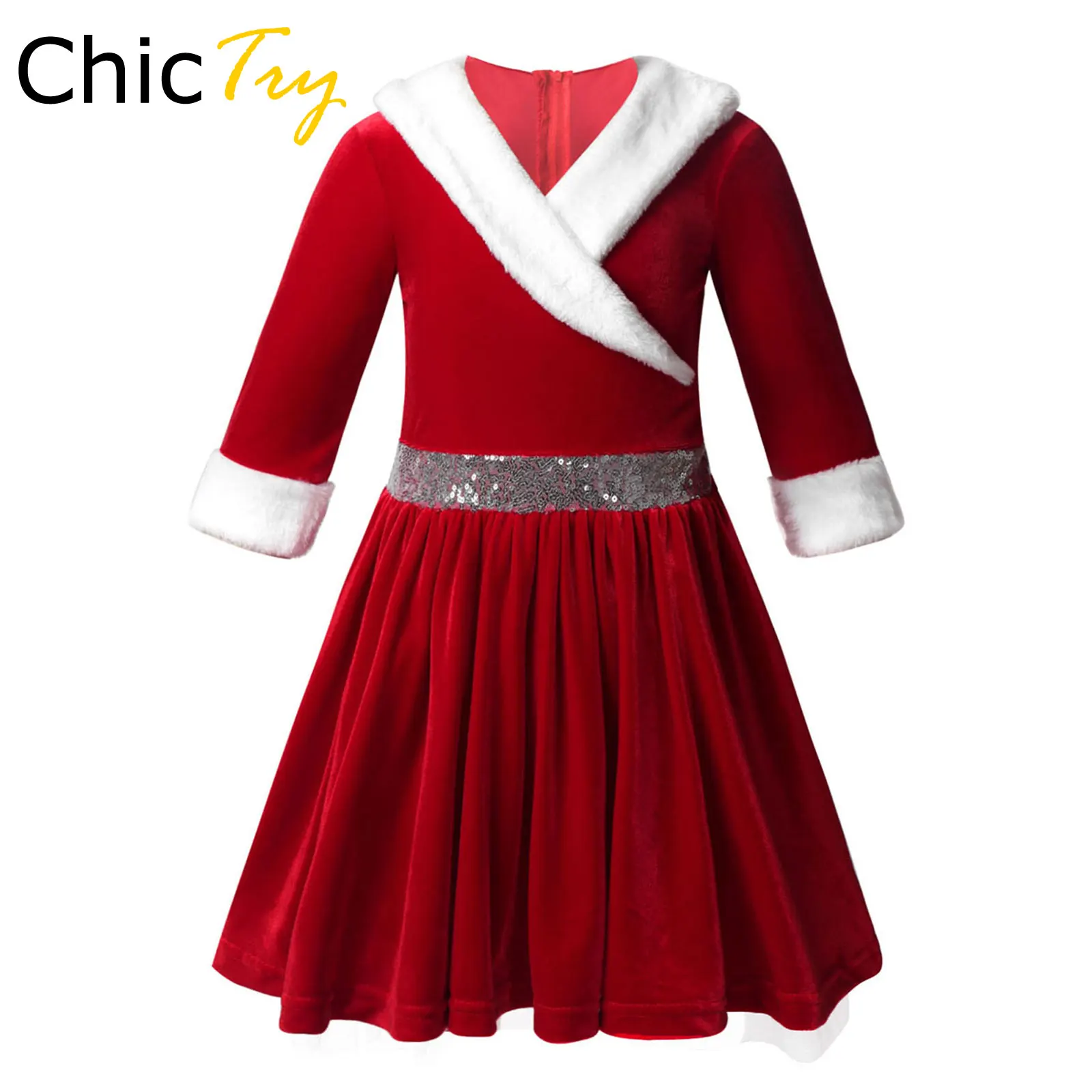 Kids Girls Christmas Mrs. Claus Dress Holiday Party Elf Costume Long Sleeve Velvet Clown Collar Pom Pom Trim Ballet Dance Dress