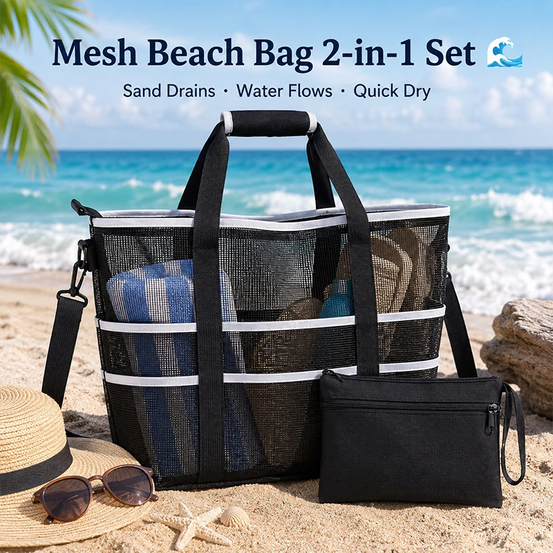 Mesh Beach Bag Portable Large Capacity Shoulder Tote Bag Summer Vacation Swimming Travel Storage Handbag