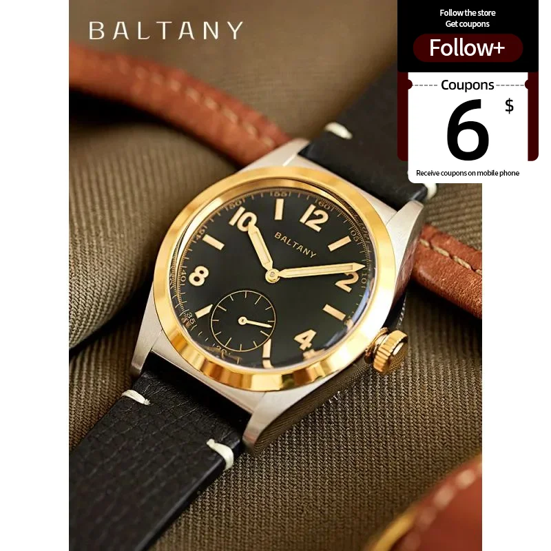 

Baltany Quartz Bubbleback Watches S4012 Gold Bezel Luminous Dial Microbrand Design 100M Waterproof Retro Dress Watches