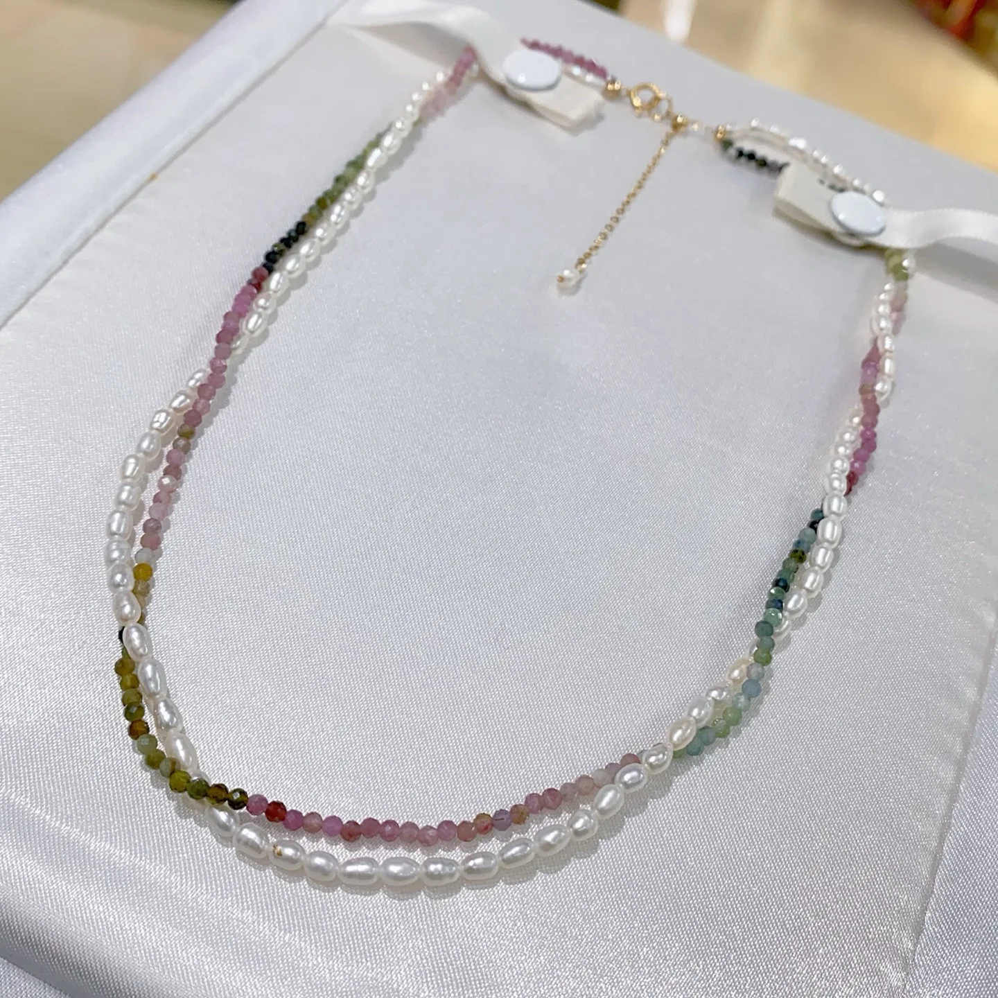 SGARIT 14k Filled Gold Handmade Rainbow Tourmaline Faceted Bead Choker Natural Freshwater Pearl Double-layer Necklace