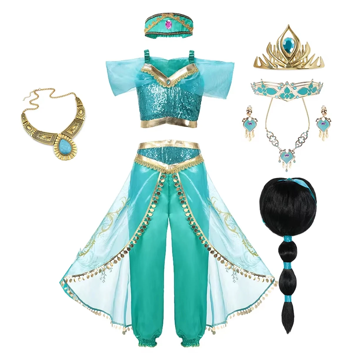 Classic Princess Jasmine Costume for Girls Halloween Carnival Aladdin Cosplay Jasmine Party Clothing Kid Purim Dress Up