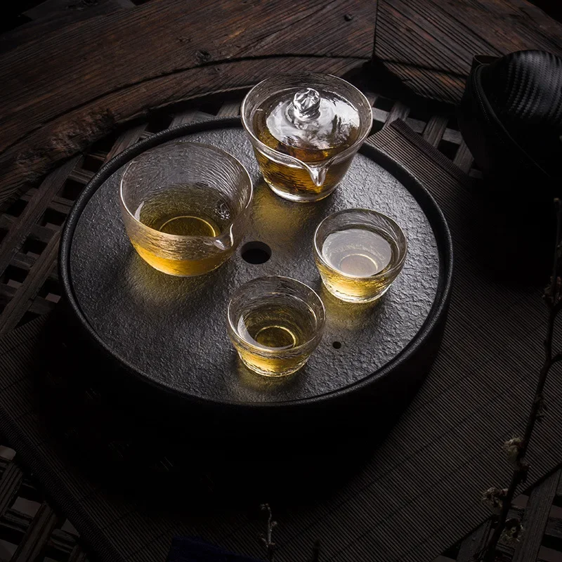 Hammered Pattern Glass Travel Tea Set Portable Bag Express Carry-on Kung Fu Tea Cup Lidded Bowl Tea Set Glass Gaiwan