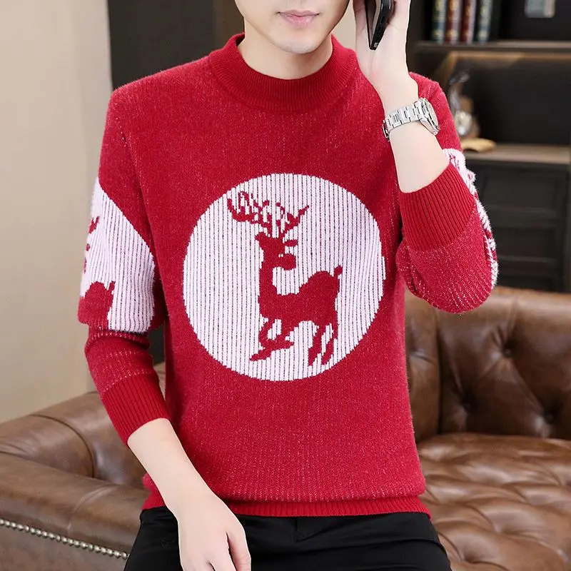 Autumn Winter Men's Clothing Pullover Sweater Knitted Long Sleeve Round Neck Cartoon Contrast Color Casual England Style Tops