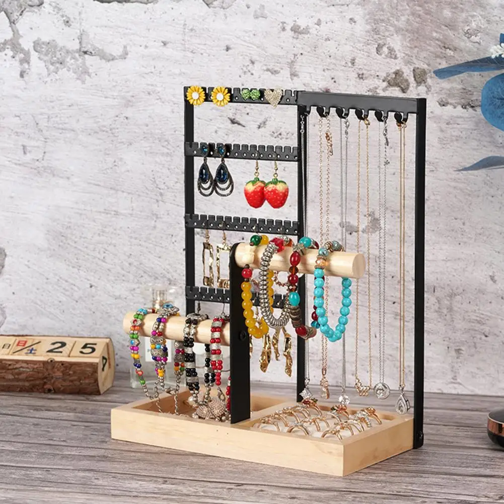 Multi-Tier Jewelry Organizer Stand with Wooden Tray Necklaces Earrings Bracelets Rings Jewelry Display Stand Shelf