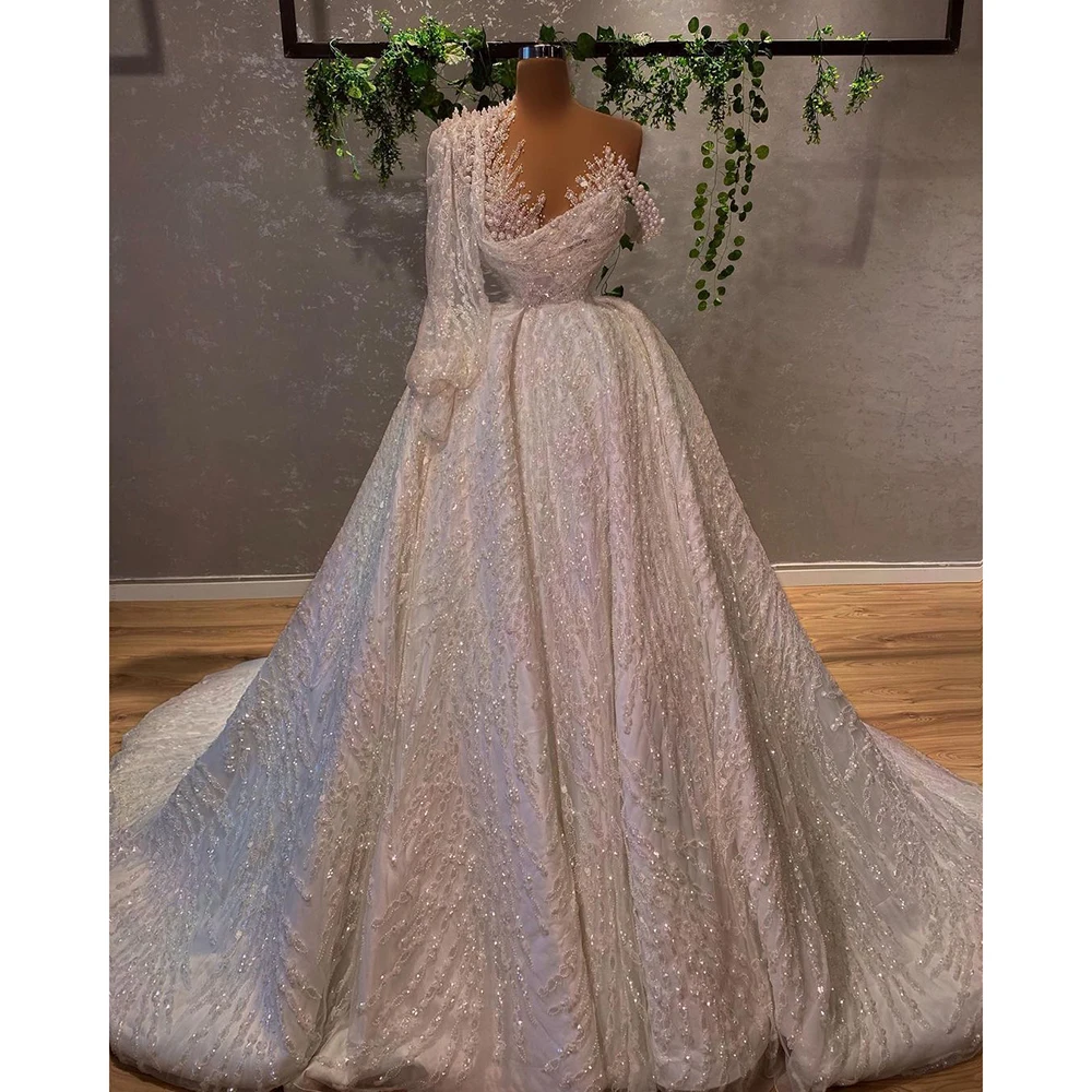 STEVDITG Luxury Pearls Wedding Dress Fashion V-Neck Long Sleeves Beading Lace Sequins Sparkly Ball Gowns Wedding Bridal Dress