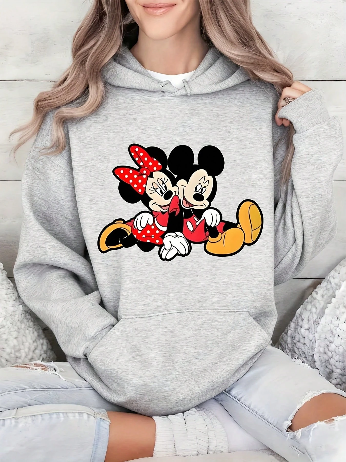 

Женская толстовка с капюшоном Disney с изображением Микки и Минни, унисекс, осенне-зимняя флисовая толстовка с капюшоном для повседневного использования на открытом воздухе, для любого случая