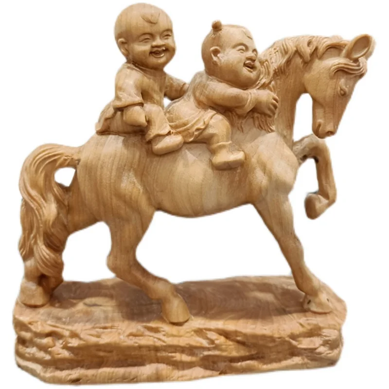 

11X11X4.4 CM Lovely Kids Riding Horse Boxwood Figurine Carving Animal Statue Feng Shui Sculpture Collectible Ornament - #W182