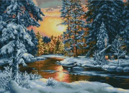 Image of Top-Qualität, reizend, niedlich, gezähltes Kreuzstich-Set, Winterlandschaft, Landschaften, Winterabend, Sonnenuntergang, Schnee, See, Wald, luca-s B477