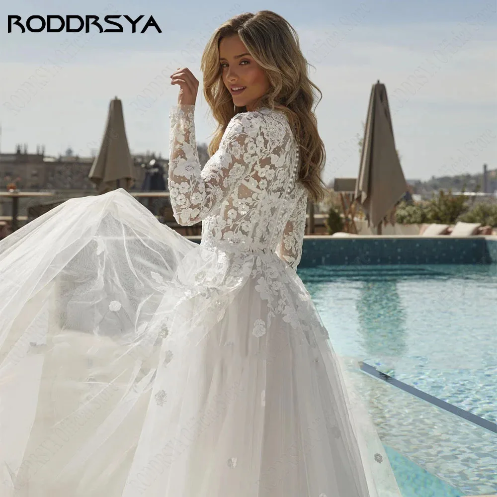 RODDRSYA High Neck Full Sleeves Muslim Wedding Dress For Bridal 2024 Applique A-Line Bride Gowns Classic Tulle Robe De Mariée