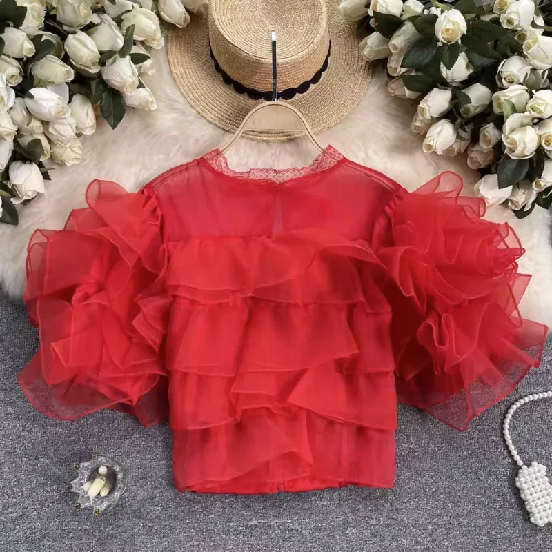 Neploe Chic Fairy Mesh Ruffle Edge Puff Sleeve Shirt 2024 Summer New Unique Foreign Chiffon Blouses Femme Sweet Gentle Blusas