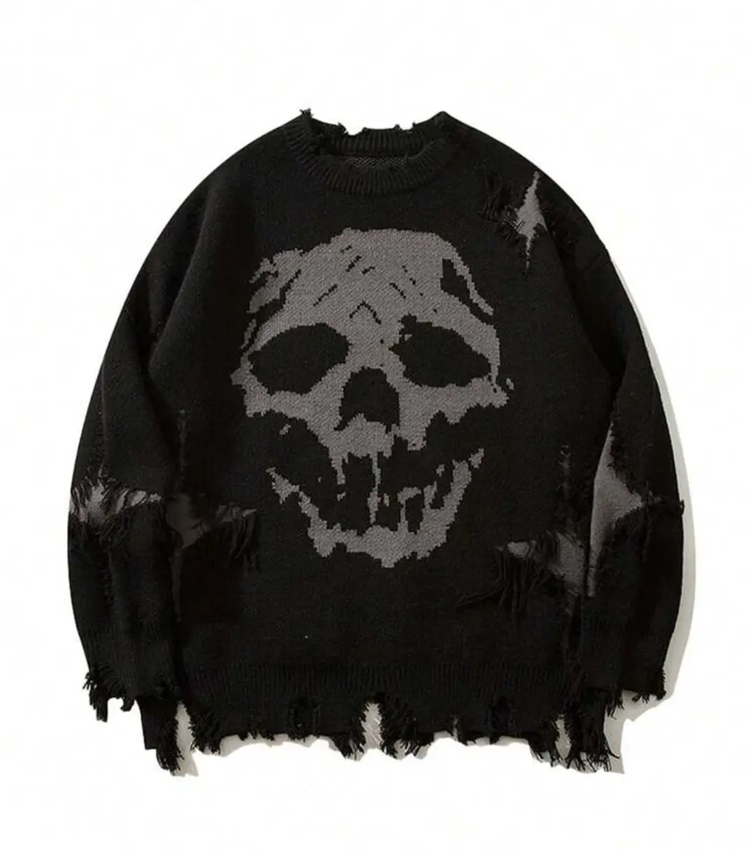 Y2k Sweaters Gothic Punk Skull Pattern Knitted Ripped Oversized Sweater New Men and Women Pullover Sweatshirt Hip Hop Streetwear