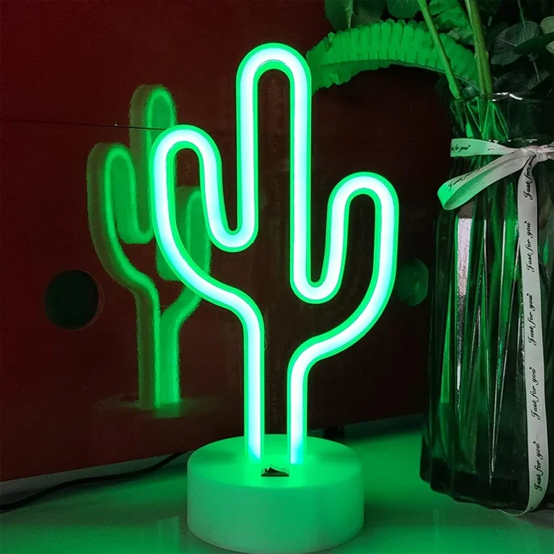 

Cute Cactus Neon Sign Lights Battery & USB Powered LED Table Lamp for Party Birthday Gift Living Room Camping Summer Decor