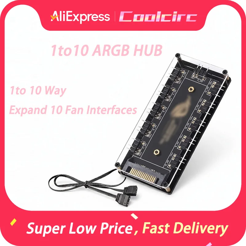 COOLCIRC ARGB Connector 1 To 10 Port Splitter Hub 5V 3Pin ARGB Case Fan Hub with Adhesive Base SATA Power for LED Fans Lights