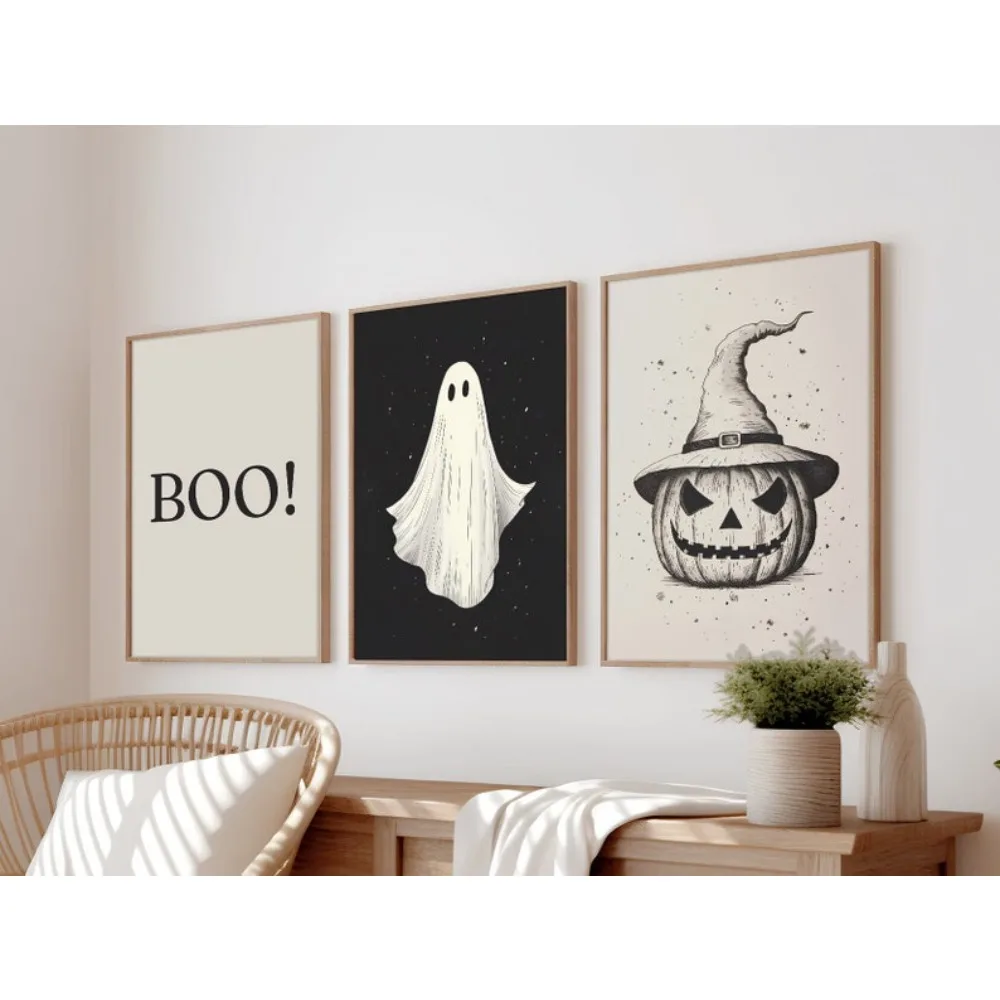 3pcs Frameless Halloween Canvas Painting,Ghost Wall Art,Pumpkin Poster,Halloween Gallery,Instant Download,Living Room Decoration