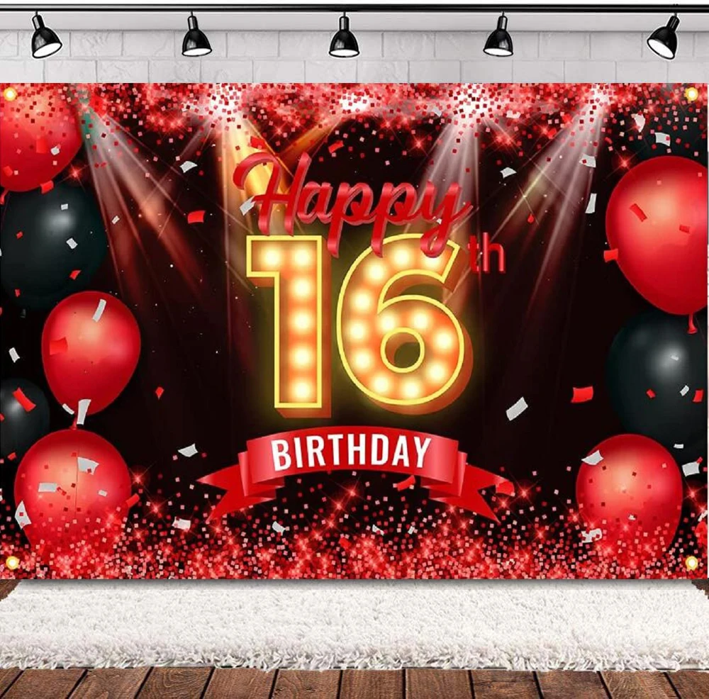 

Photography Backdrop Red And Black 16 Years Old 16th Birthday Background Banner Decor For Girls Boys Party Supplies Glitter