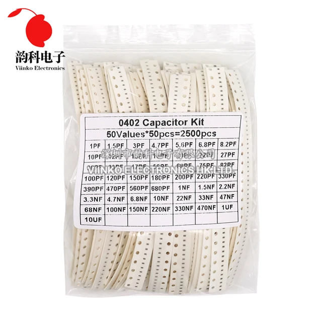2500 sztuk 0402 0603 0805 Zestaw kondensatorów ceramicznych SMD 50 wartości 1pF - 10uF 100PF 10NF 100NF 0.47UF 1UF Zestaw pojemności chipa