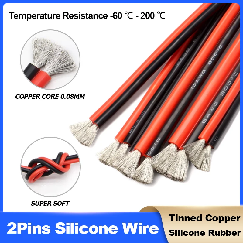 

Super Soft 2Pins Black Red Silicone Wire 30/28/26/24/22/20/18/16/14/12/10/8AWG High Temperature Resistant Tinned Copper Cable