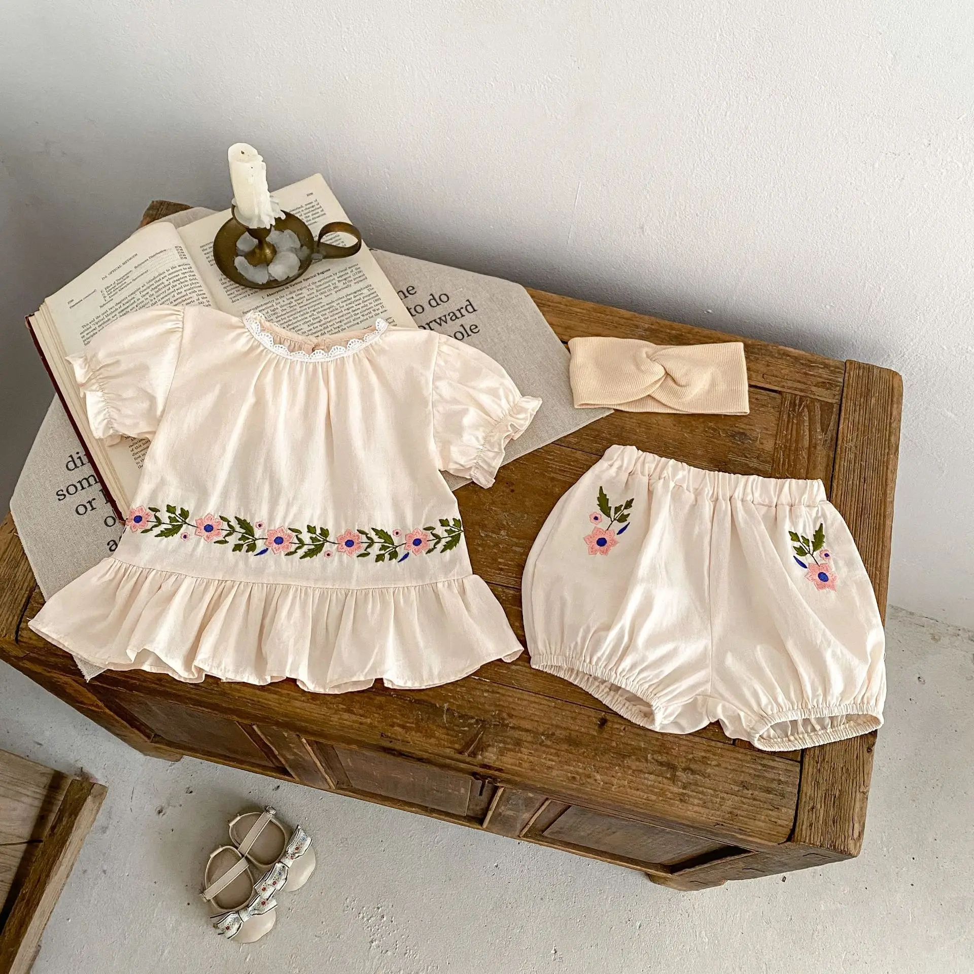 Summer New Baby Girl Fashion Small Fresh Flower Embroidered Round Neck Short sleeved Top+Loose Shorts 2-piece Set