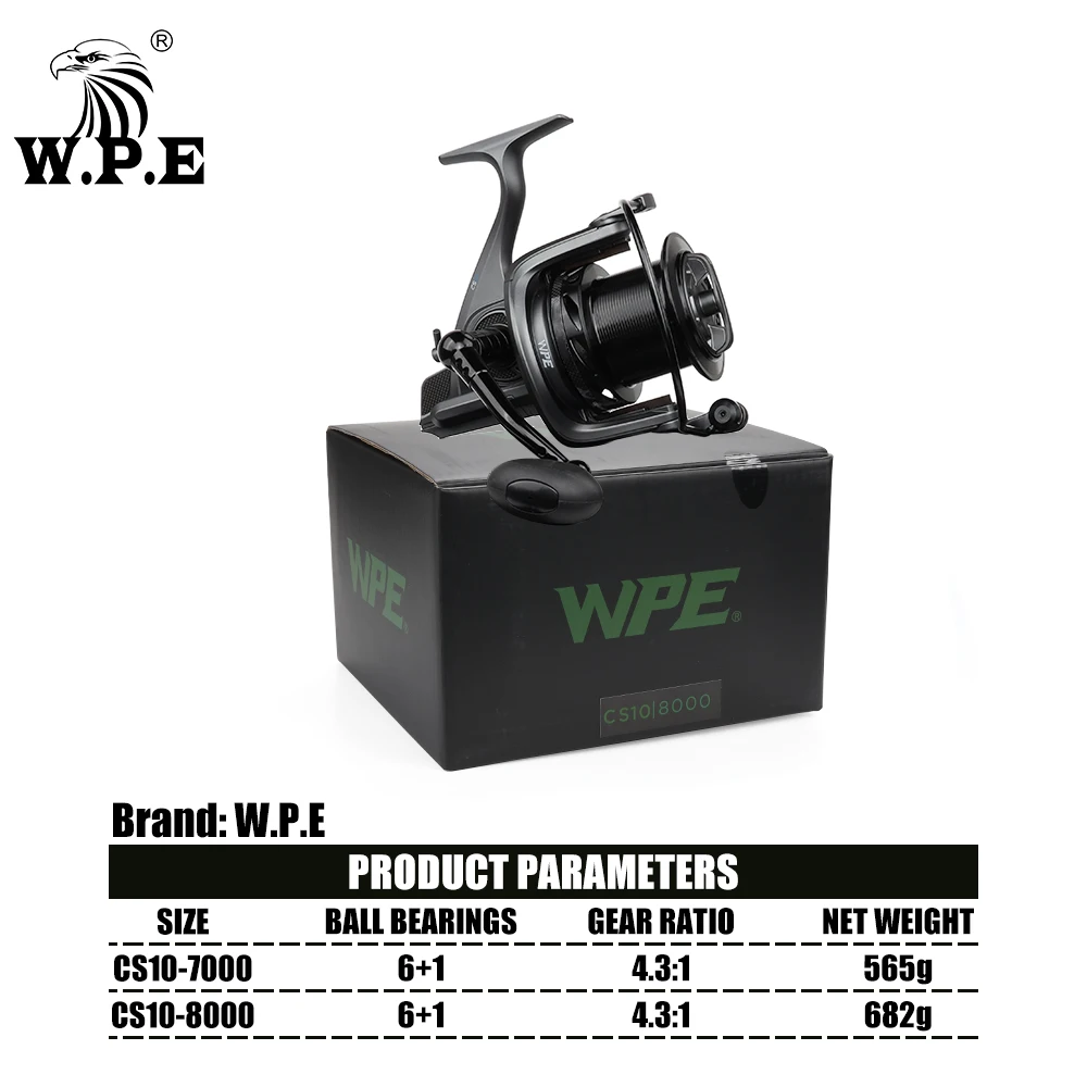 W.P.E Carp Fishing Spinning Reel 7000/8000 6+1 Ball Bearings 4.3:1 Gear Ratio Full Metal Line Spool Carp Fishing Tackle Pesca