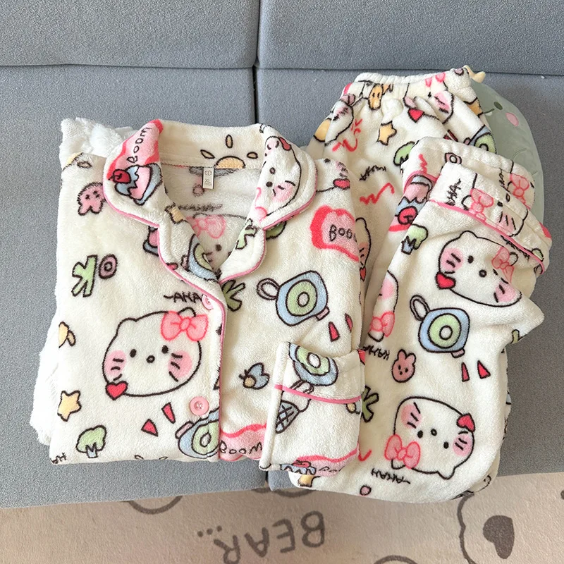 2Pcs Coral Velvet Cartoon Pajamas Suit Anime Hello Kitty Women Winter Warm Homewear Thickened Long Sleeves Pants Lounge Clothes
