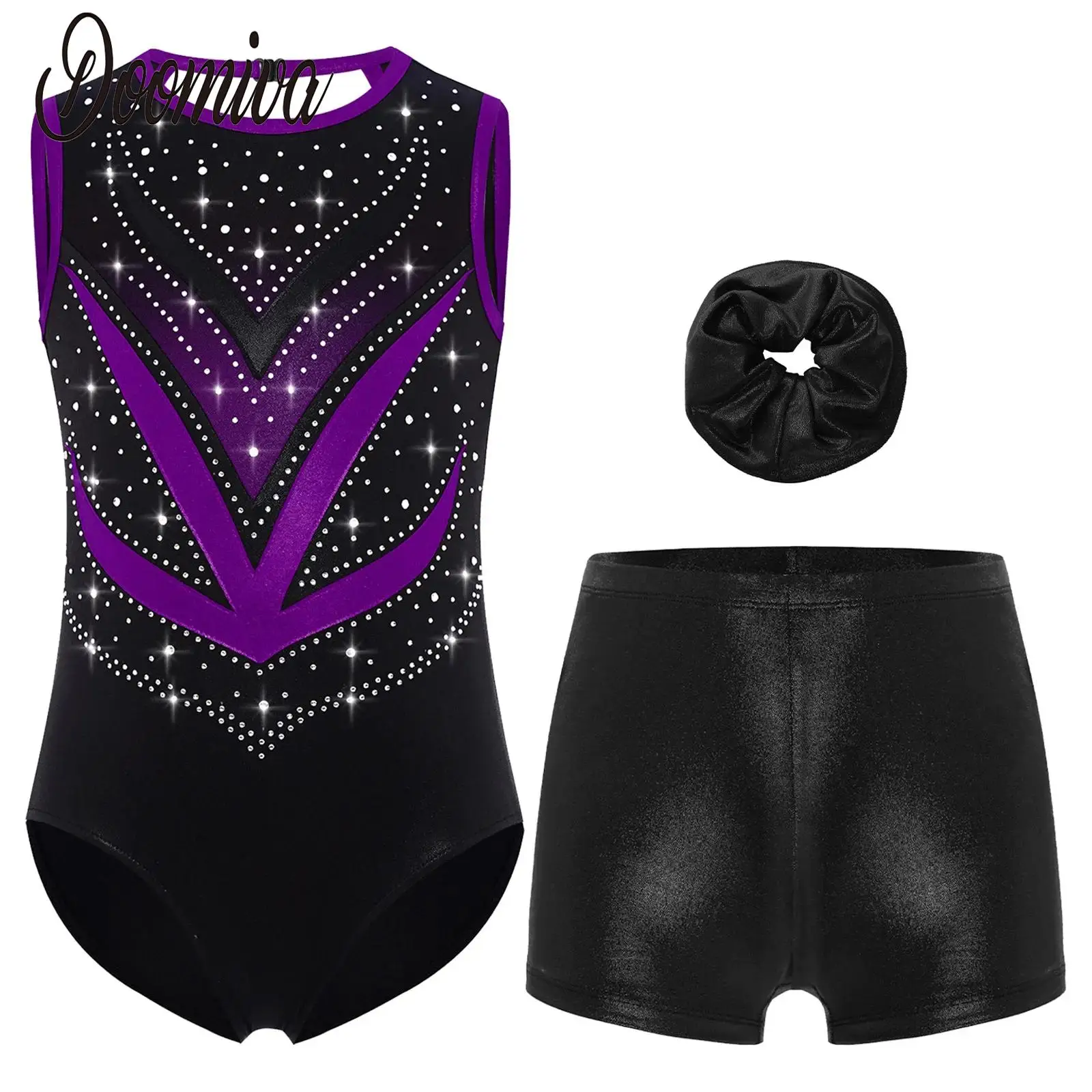 

Girls Rhinestones Ballet Gymnastics Leotard Dance Rhythmic Bodysuit with Shorts Unitard Set for Figure Skating Dance Performance
