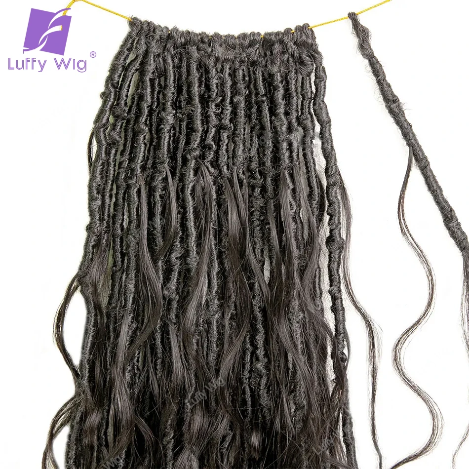 Crochet Goddess Boho Locs com cabelo humano cachos para mulheres negras, pré-looped tranças sintéticas, extensões de cabelo, Luffy