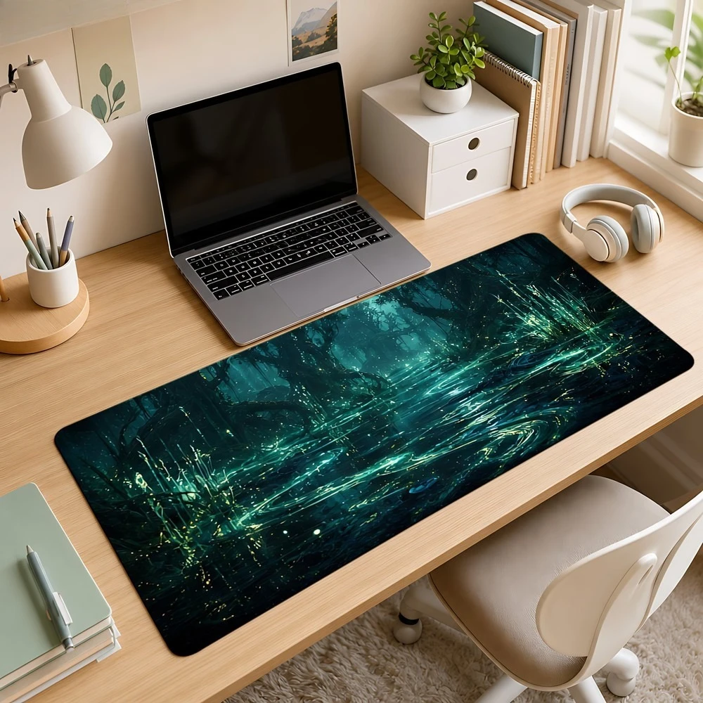 Blue-green dreamy forest marsh water-flow pattern mouse pad, anti-slip, creative workspace, desktop decoration accessory