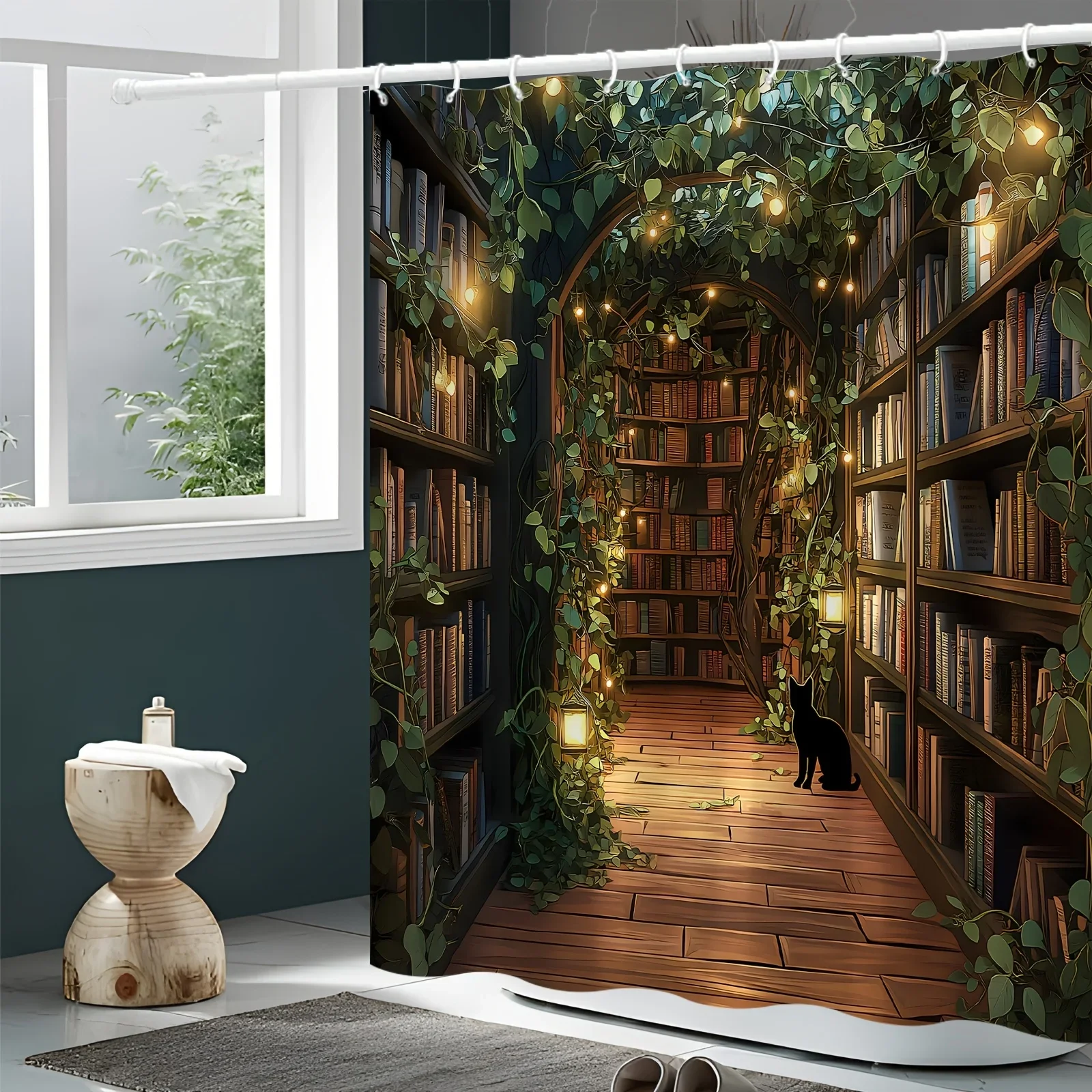 ~O~Black Cat Magic Library Shower Curtain - 100% Polyester, Cartoon Pastoral Theme, Greenery, Machine Washable, Grommet Top