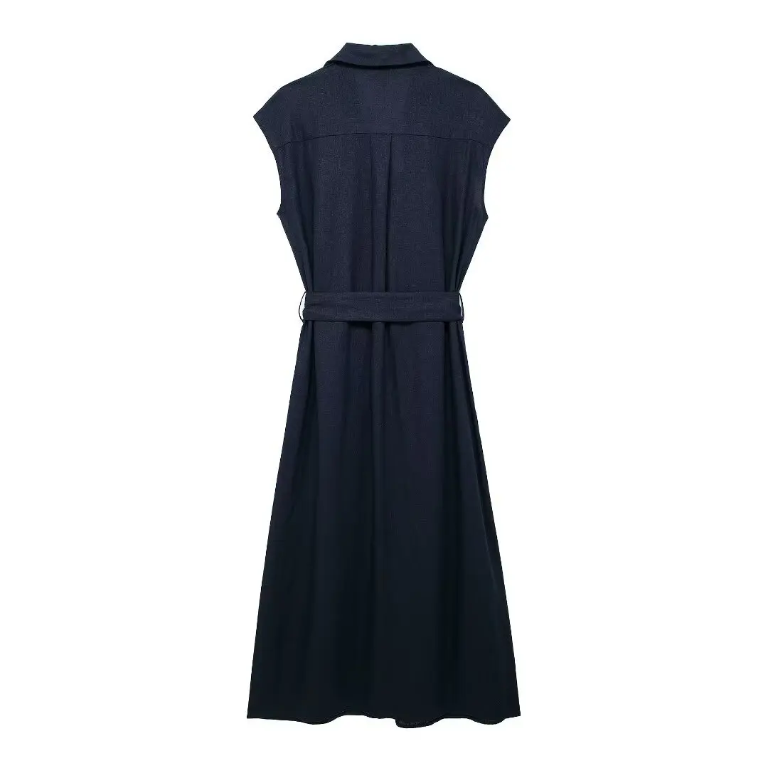 TRAF-Robe chemise mi-longue en mélange de lin pour femme, coupe couvertes, style de rue décontracté, revers, longueur de rinçage, été, 2024