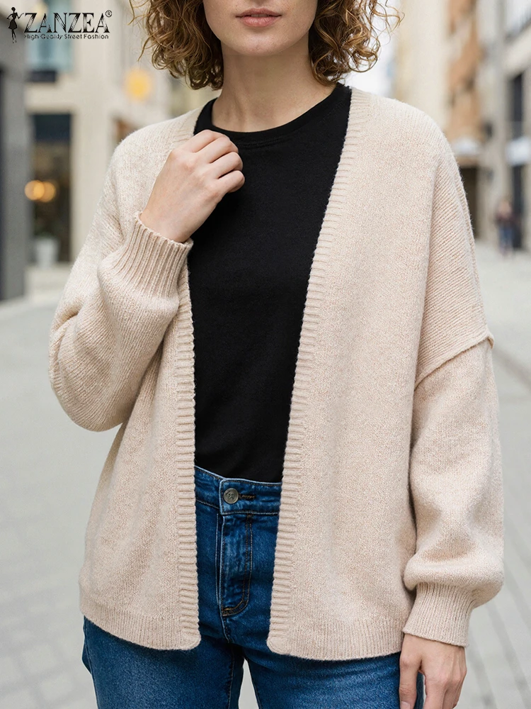 

ZANZEA Women Knitted Cardigans 2025 FW Fashion Long Lantern Sleeve Open-Front Solid Color Loose Sweaters Lazy Weekend 3 Colors