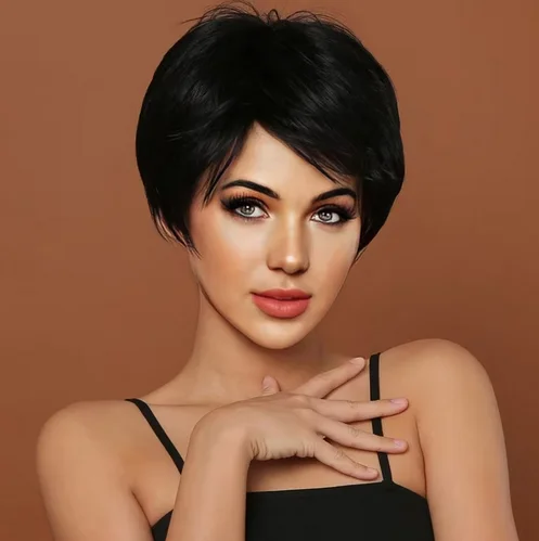 New wig women fashion short straight hair side parting diagonal bangs synthetic fiber high temperature silk full head cover