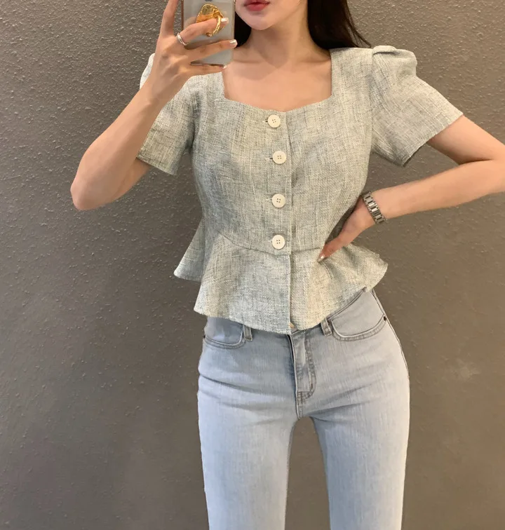 Temperament Square Neck Short Sleeved Ruffled Edge Pink Tweed Small Jacket Top Blouses 2024 Shirts for Women Summer Blusas