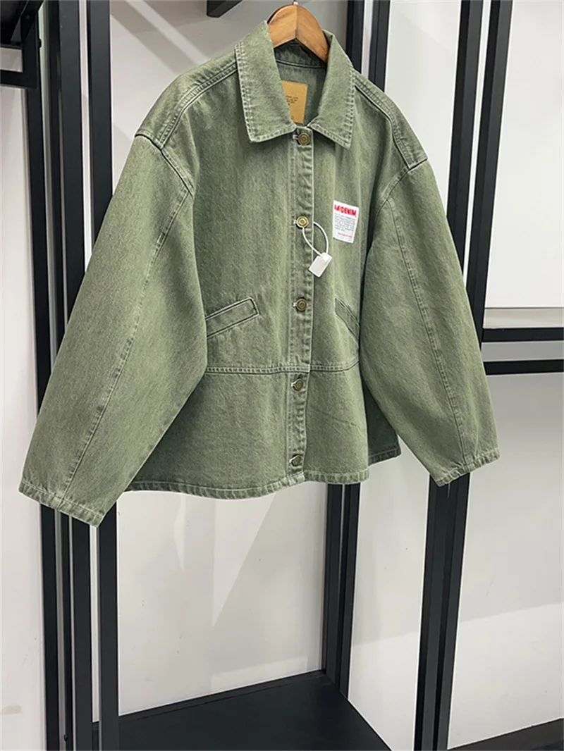 100% Cotton Women Green Denim Jacket Single Breasted Loose Lapel Vintage Long Sleeve Autumn 2026 Female Fashion Coat
