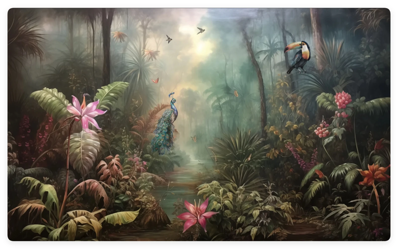 Customized size wallpaper with Chinese flowers, birds, branches, peacock murals, rainforest plants, parrots, banana trees mural