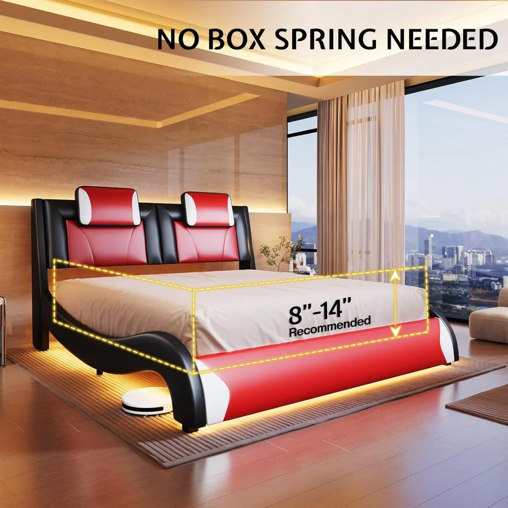 إطار سرير بحجم كوين LED من Jocisland، سرير منجد من الجلد الصناعي، تصميم مموج مثل المنحنى لا حاجة إلى صندوق زنبركي، أحمر
