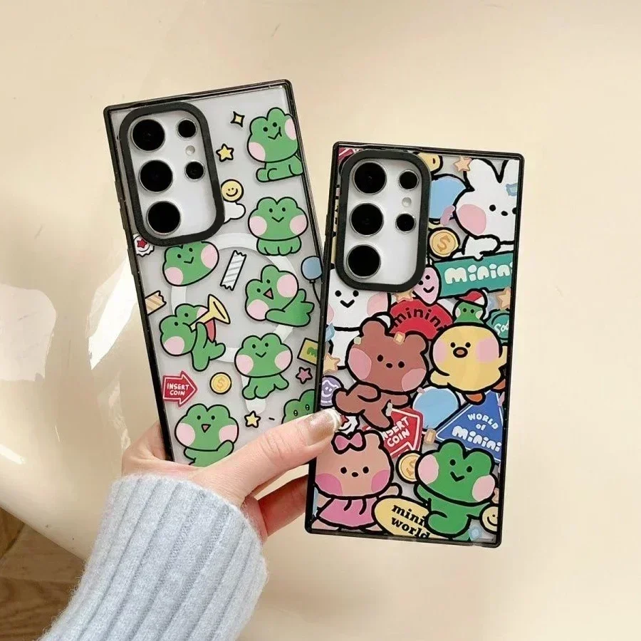 Магнитный акриловый магнитный чехол для телефона с черной рамкой в виде лягушки для Samsung Galaxy S25 + Plus S24 S23 Ultra S25U, защитный чехол