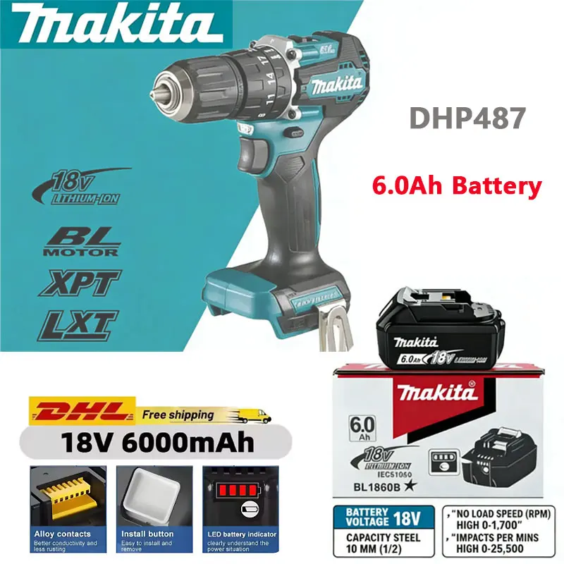 

Screwdriver brushless lithium battery 18v Makita 6000mAh battery DHP487 electric drill impact drill handheld electric drill