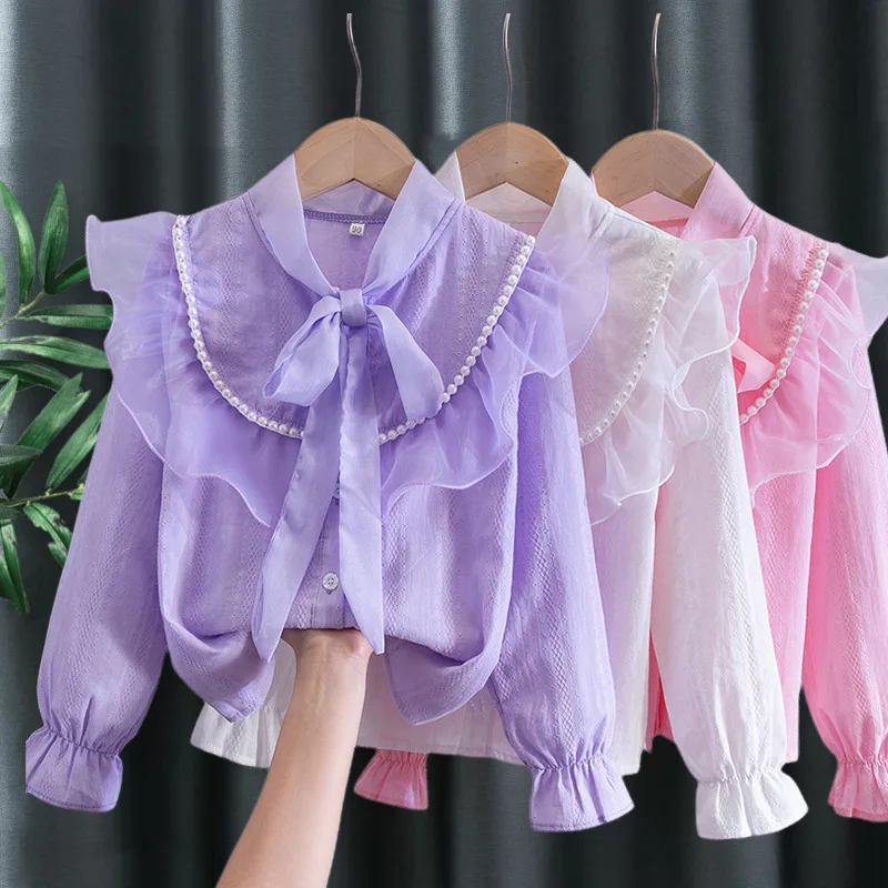 2026 Spring and Autumn New Girls' Bottom Shirt Children's Top Bow and Lotus Leaf Edge Shirt Blouse for Girls