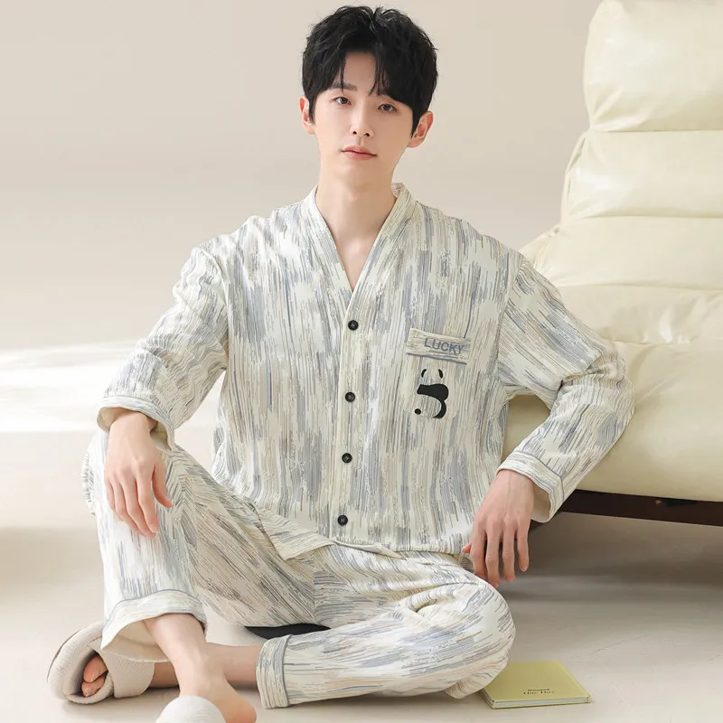 Korean Fashion Cotton Kimono Sleepwear for Men Spring Autumn Home Clothes Big Size L-4XL Long Sleeves Trousers 2Pcs/set Pajamas