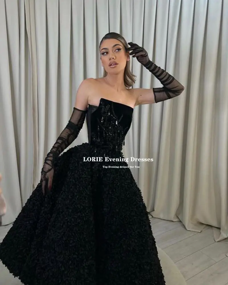 LORIE A-line Women Satin Black Prom Dresses Boat Neck Full Lace Appliques Floor Length Evening Gowns Formal Occasion Dresses